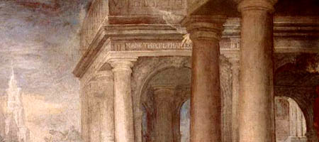 image, détail d'une peinture de Celesti représentant les trois mots( mane, thecel, phares) écrit par une main venue dont ne sait où